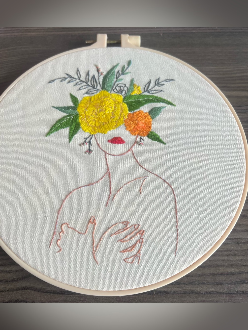 Hand-Embroidered Floral Woman Hoop Art — Yellow & Orange. NEW